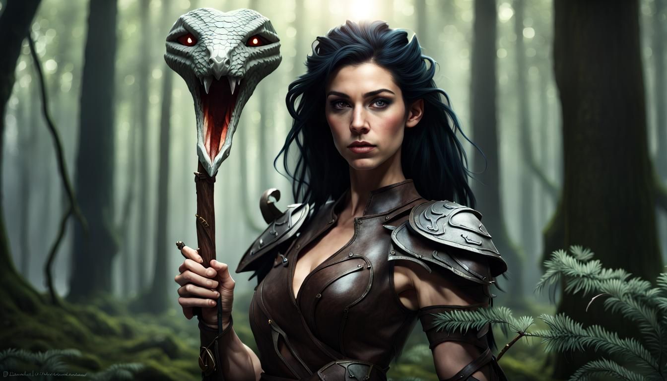 Female Elf Druid with Snake Staff in Forest
