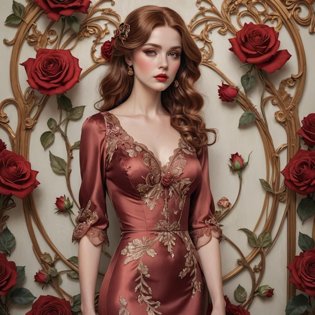 Scarlett Silk Beauty with Roses, Art Nouveau Style