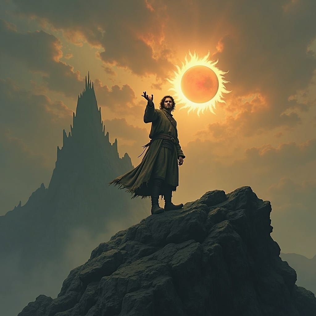 Frodo on Mountain with Ring, Fantasy Concept Art