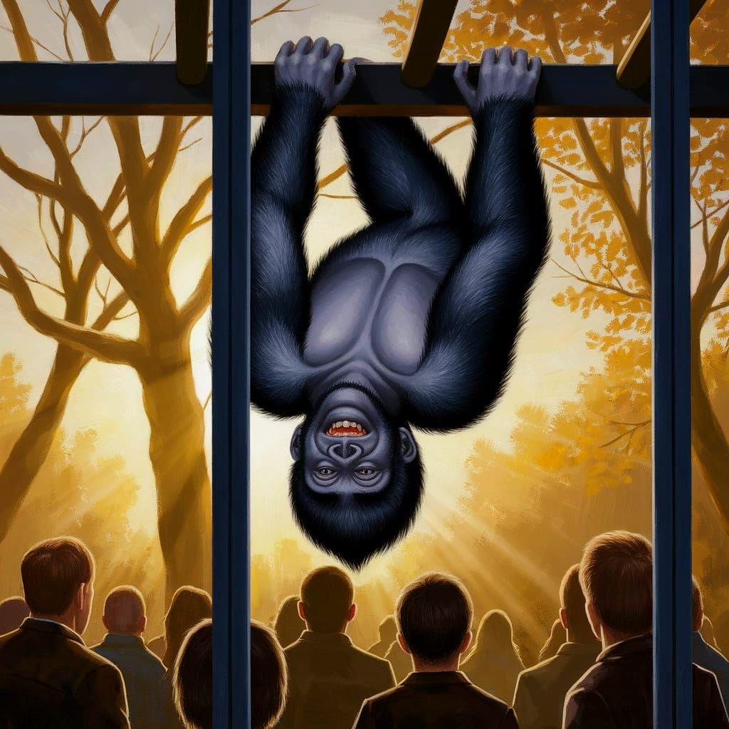 Upside-Down Gorilla Mocks Zoo Visitors in Vibrant Oil Painti...