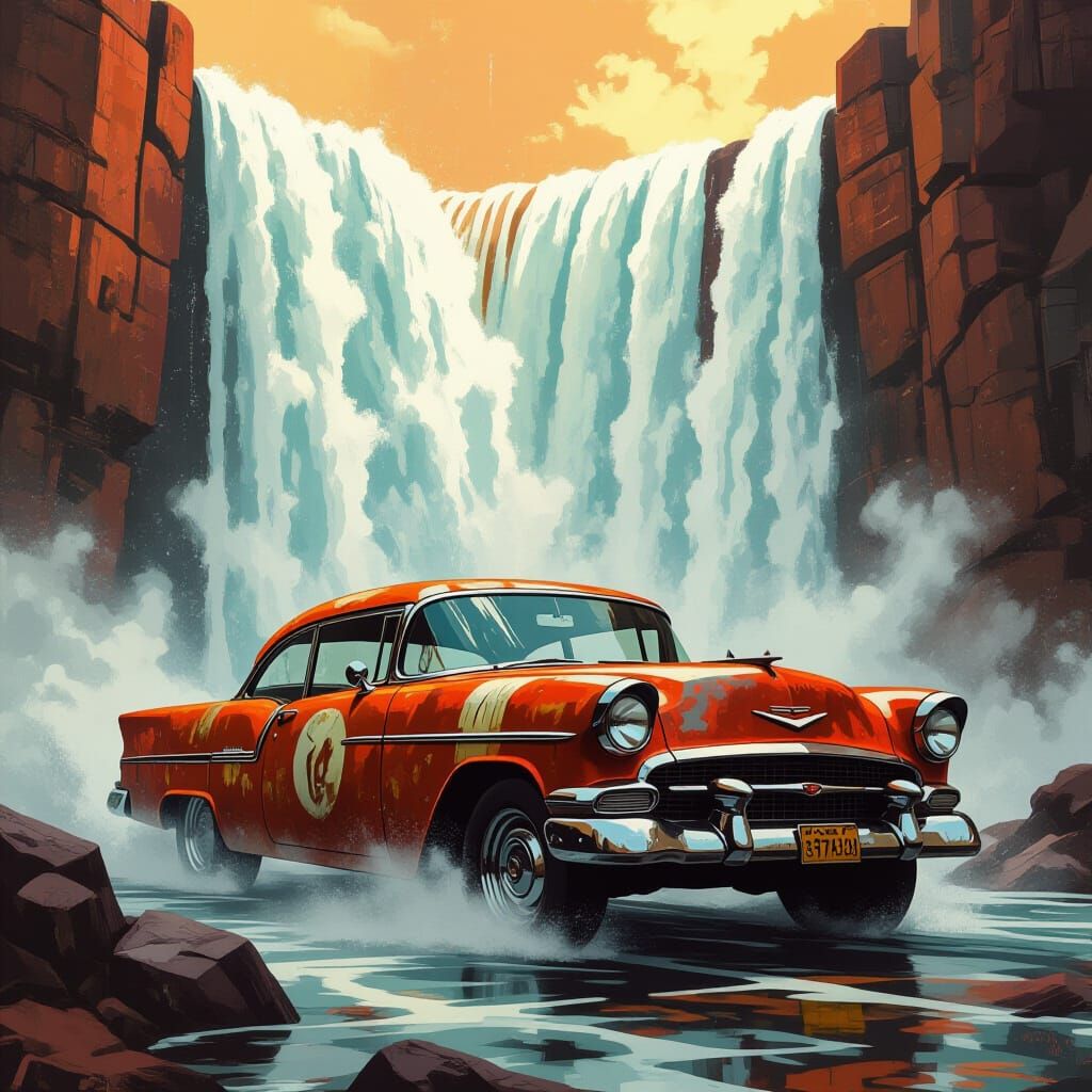 Vintage Car Waterfall in Retro-Futuristic Style
