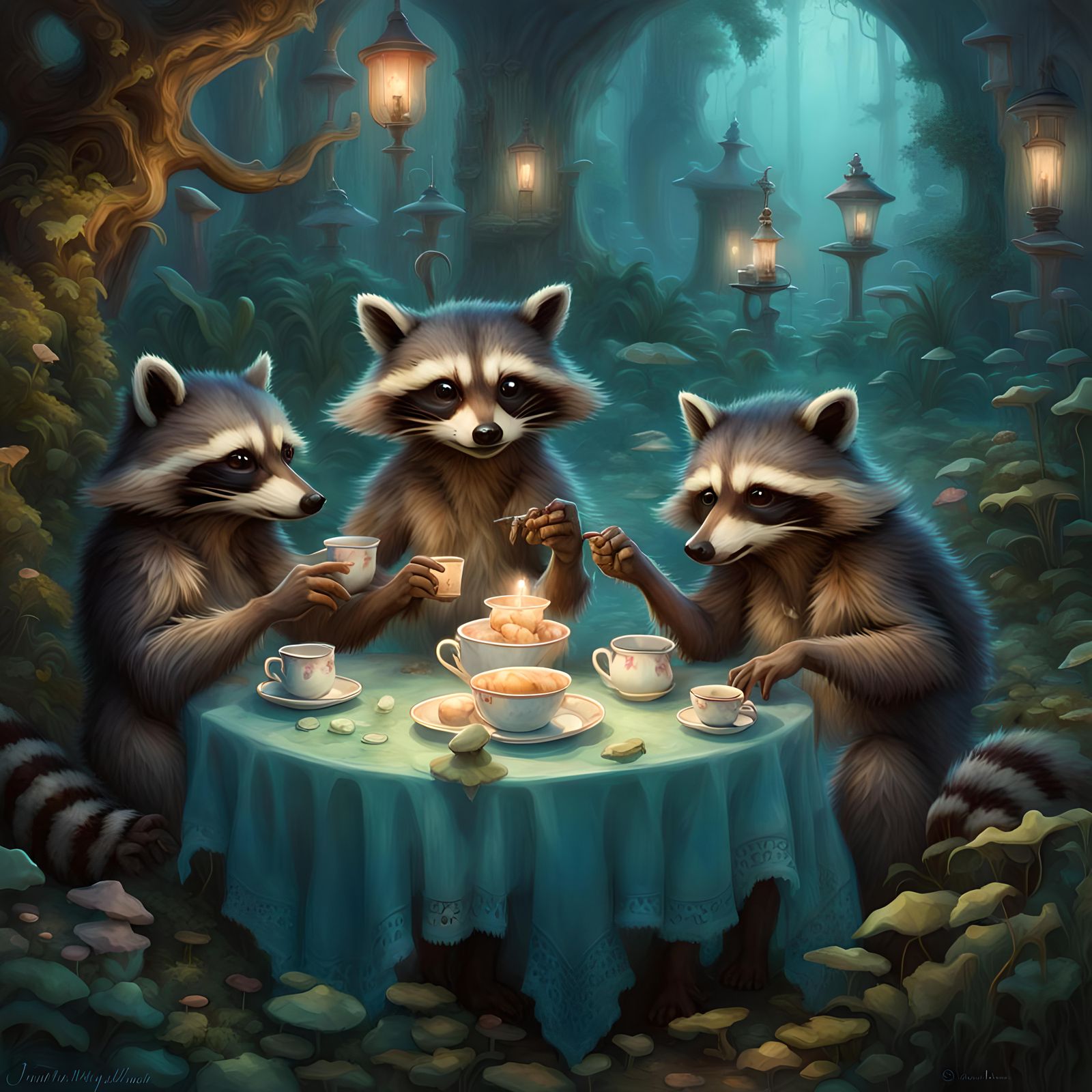 Raccoons' Whimsical Tea Party in Enchanted Ruins