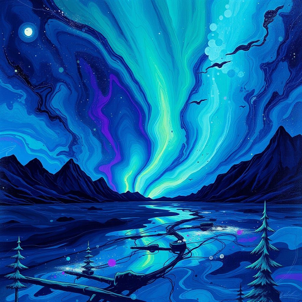 Vibrant Aurora Borealis Landscape in Detailed Matte Painting...