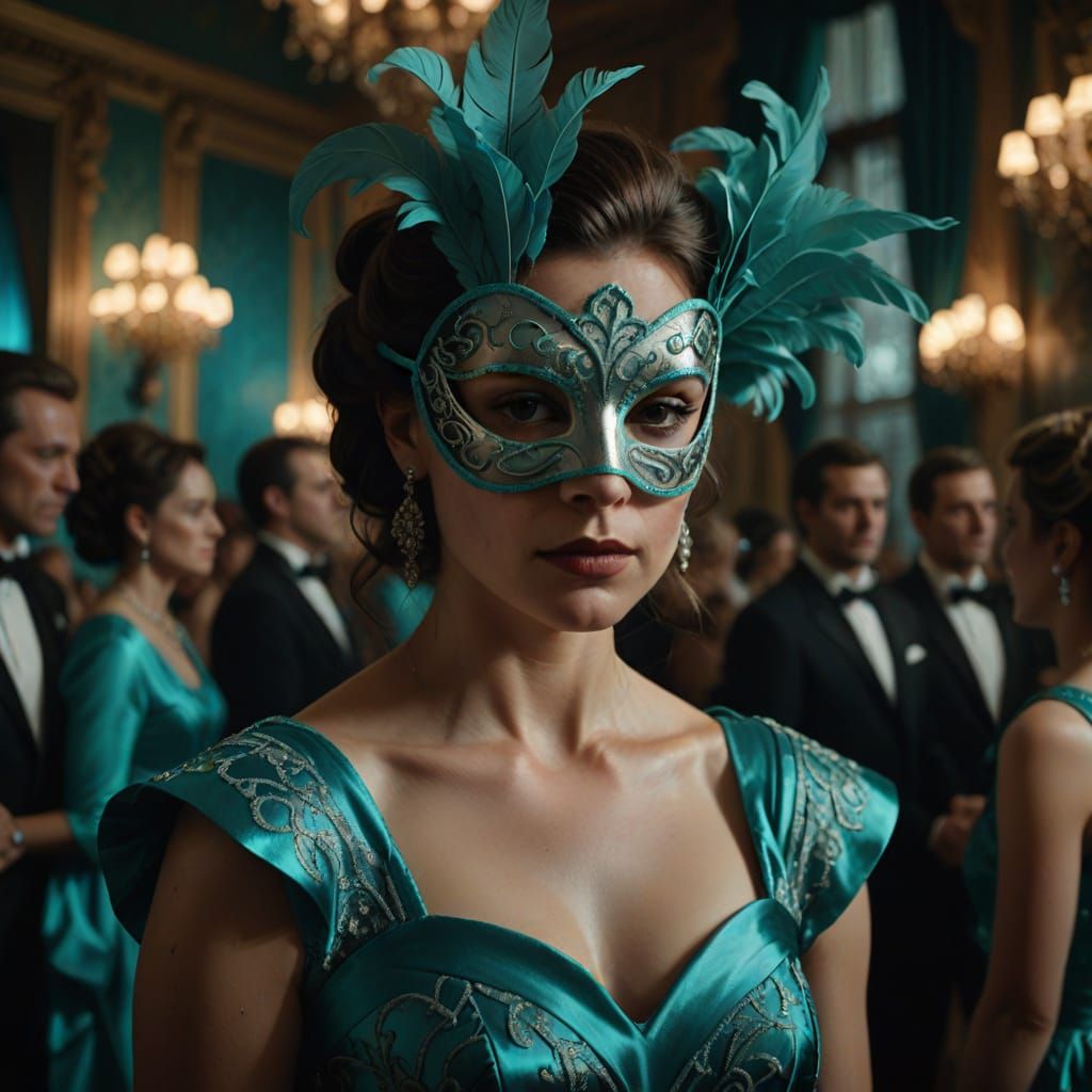 Woman in Turquoise Dress at Masked Ball