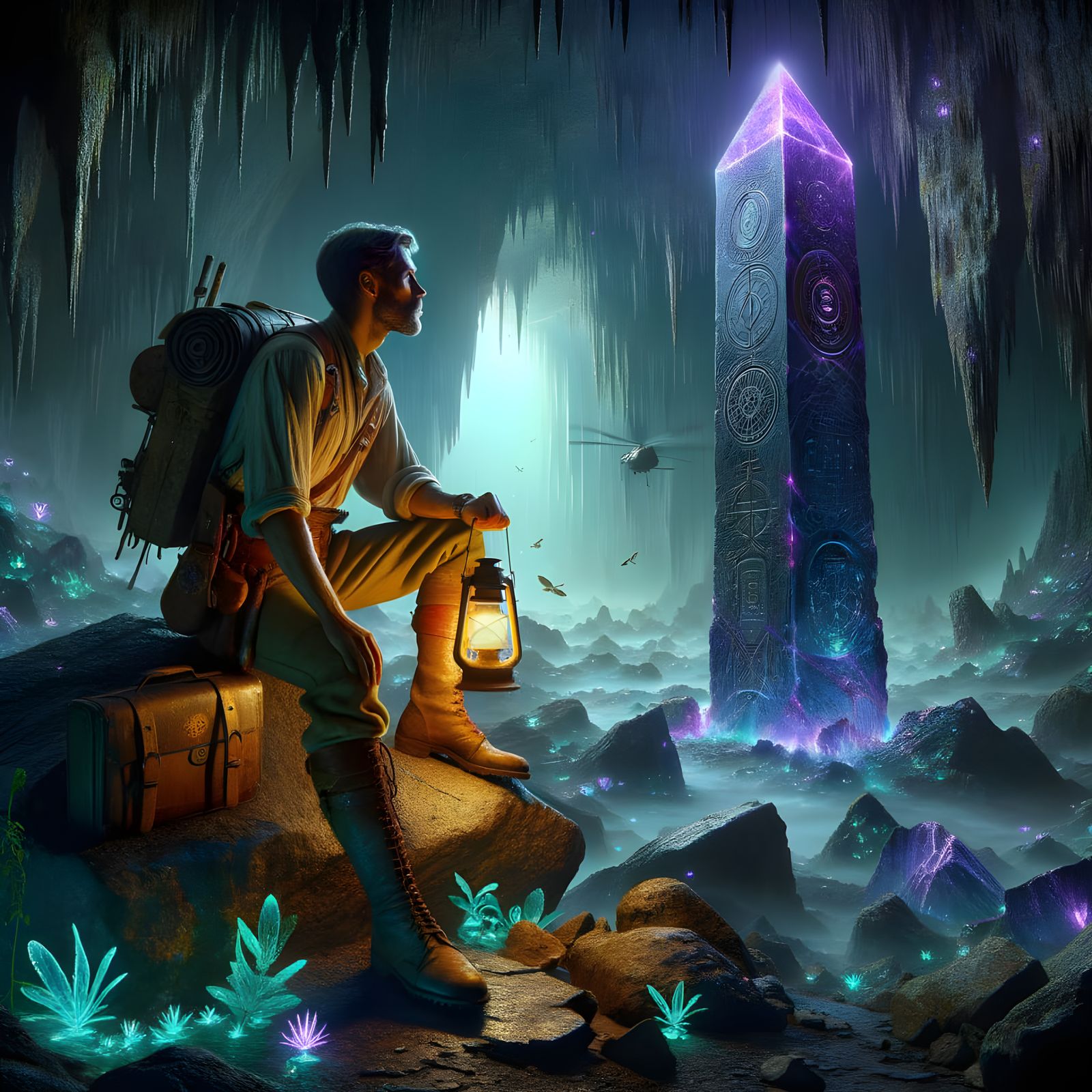 Eerie Subterranean Crystal Obelisk Projecting Alien Worlds