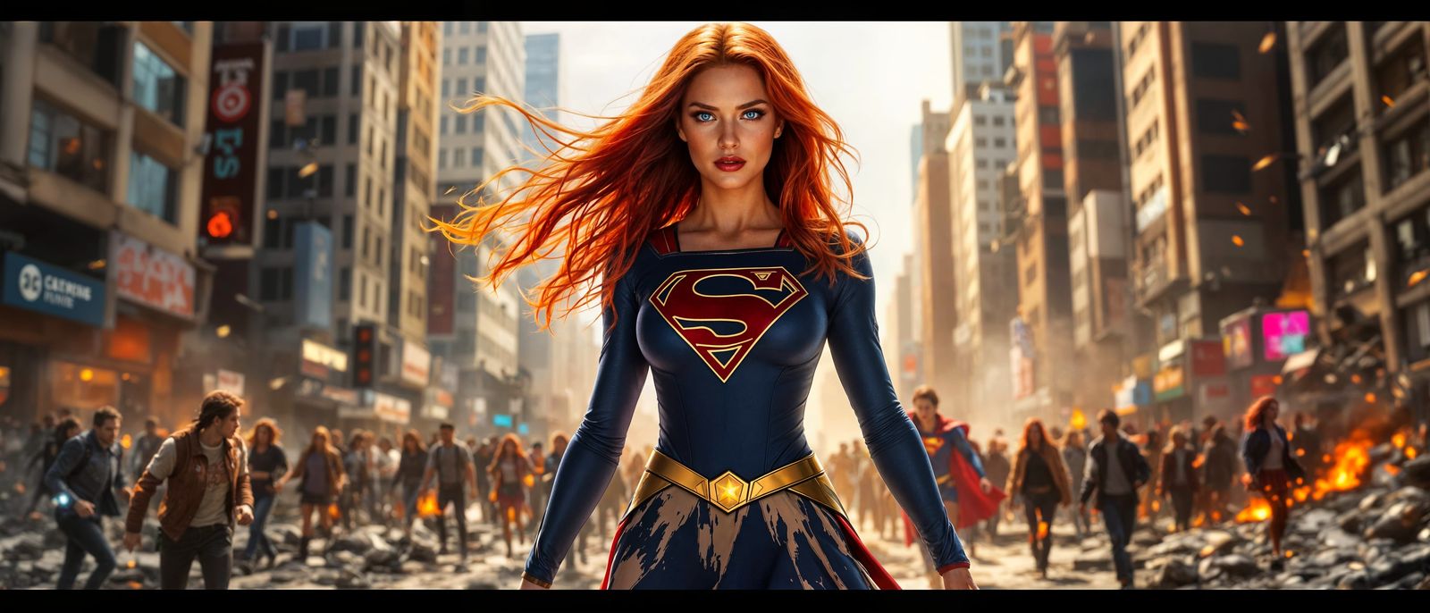 Fierce Redhead Supergirl in Ruined City