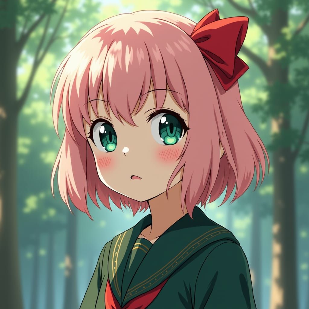 Anime Child with Pink Hair in Ghibli Style