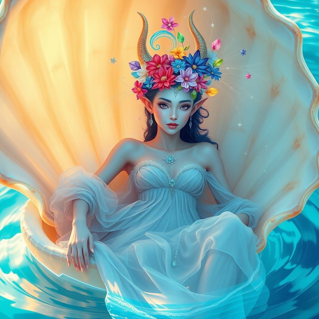 Ethereal Iridescent Queen in Seashell: Dreamlike Art