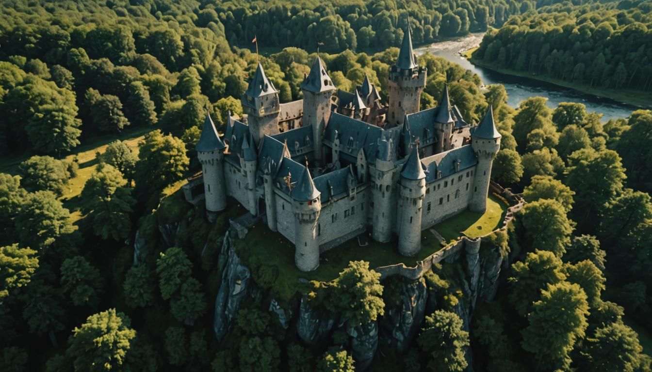 Aerial View of Medieval Castle in Woods