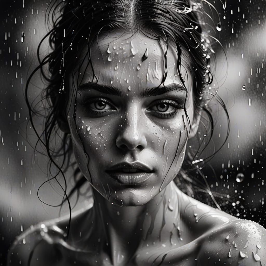 Fine-art portrait of a woman in black and white, her wet ski...