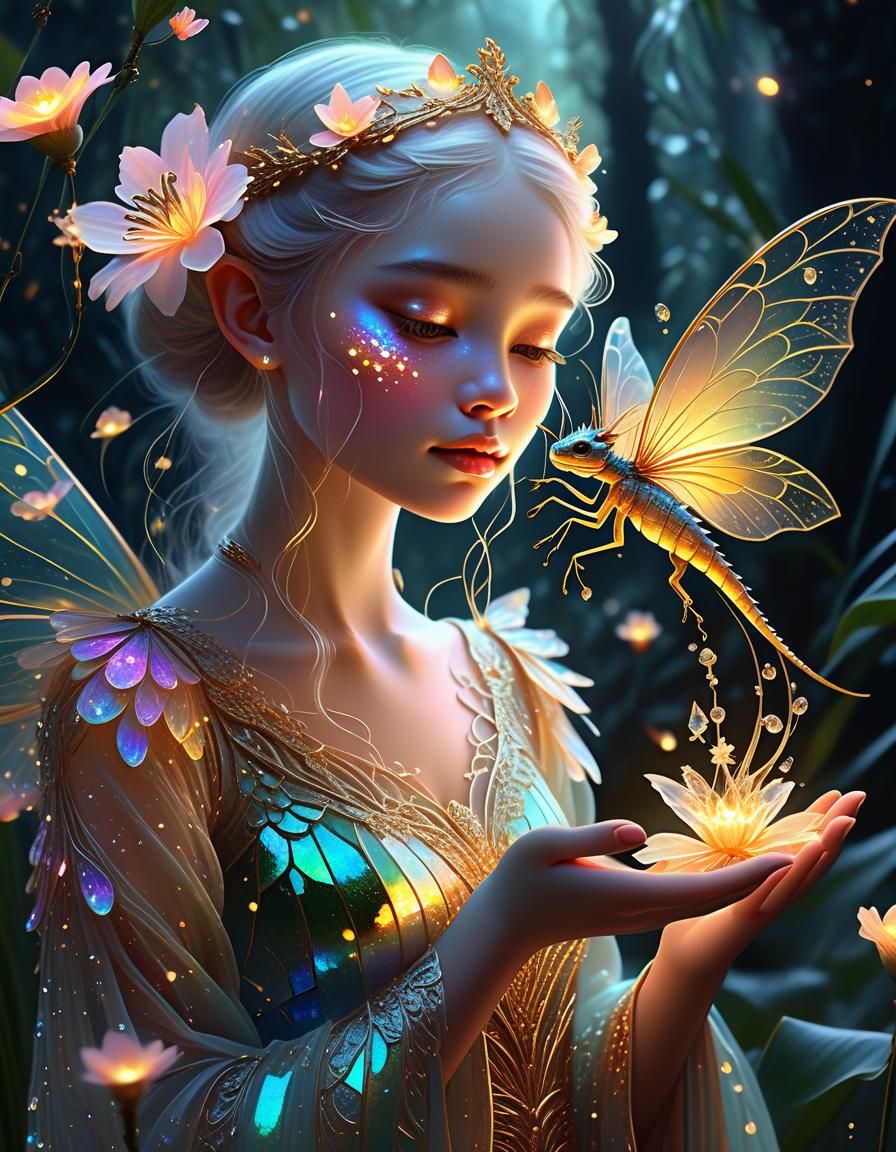 Fairy with Dragon and Luminescent Flower