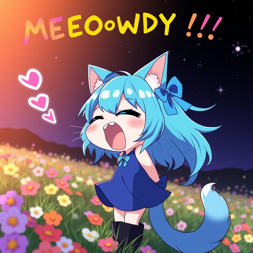 Cute Anime Catgirl Shouts in a Flowery Field Under Starry Ni...