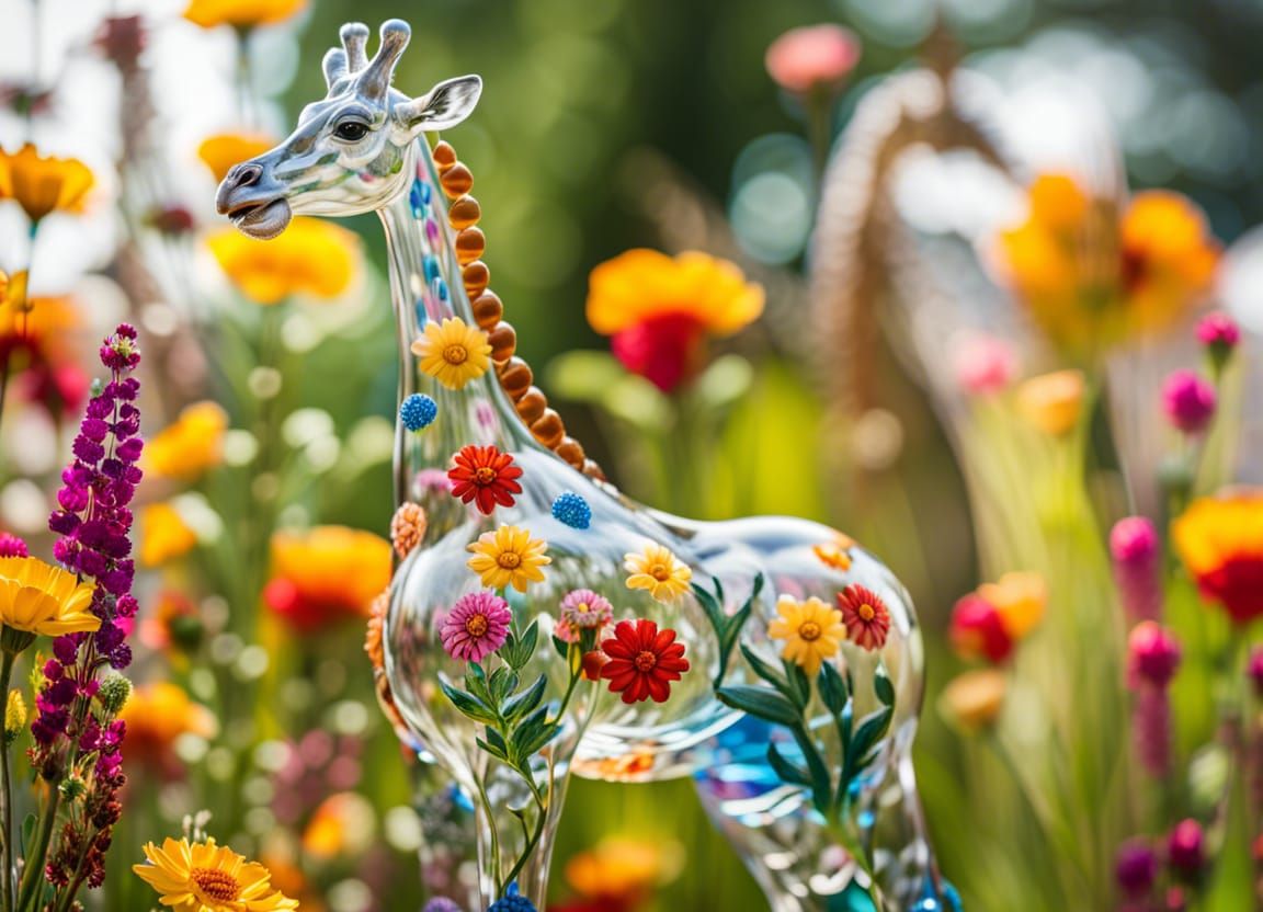 Glass Giraffe Sculpture in Floral Meadow