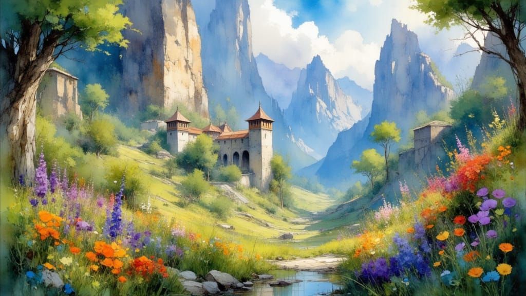 Utopian City in Tibetan Mountains in Impressionist Style