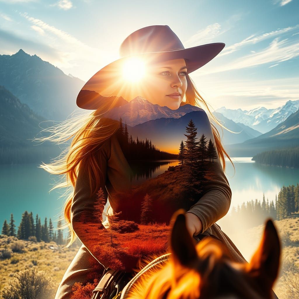 Ethereal Double Exposure: Explorer and Mountain Vista