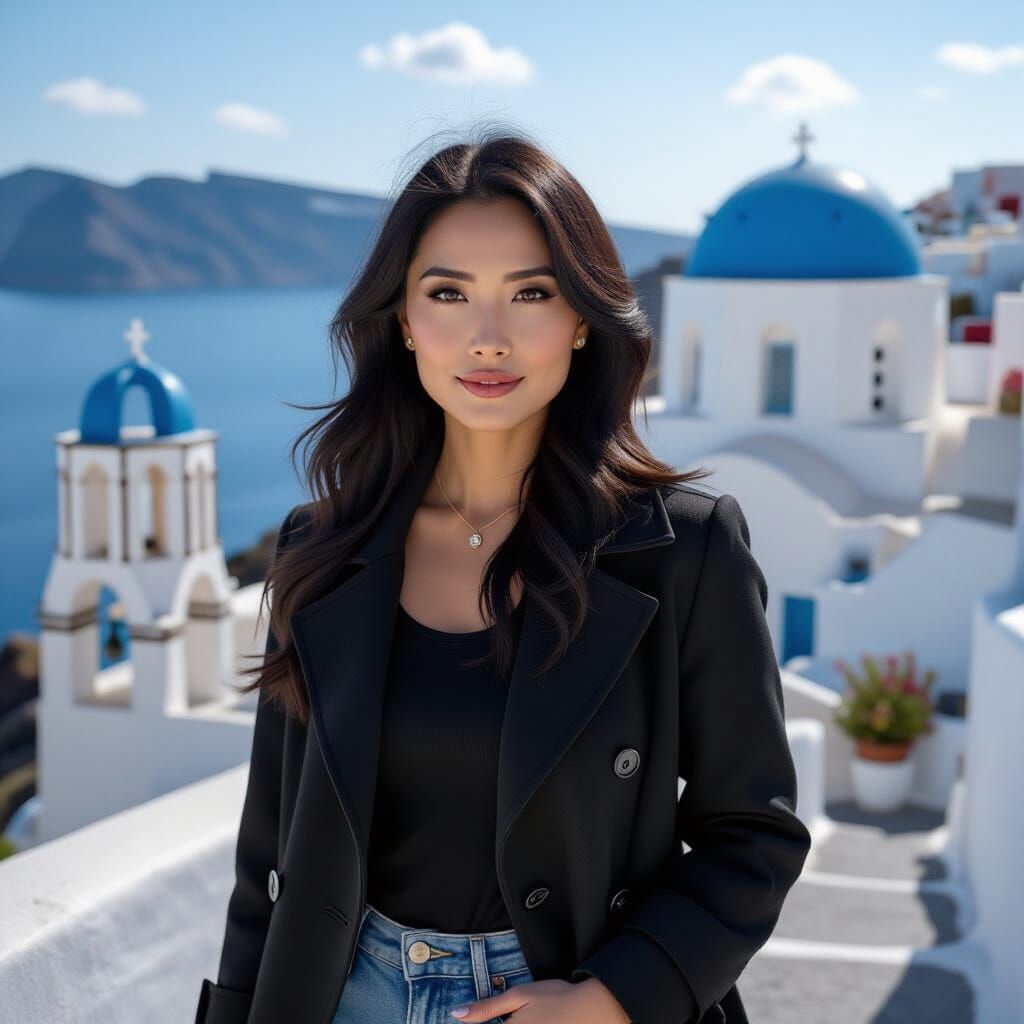 Hyperrealistic Portrait of Teresa Chong in Santorini