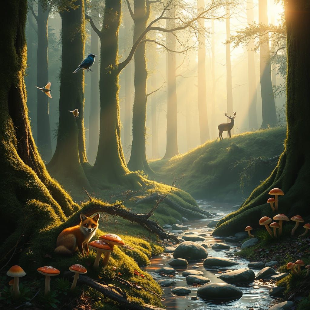 Whimsical Morning Forest Scene in Dreamlike Style