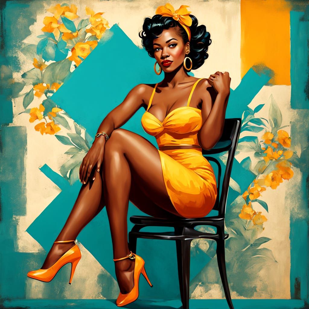 Vibrant Retro Pin-Up Art of a Smiling Black Woman
