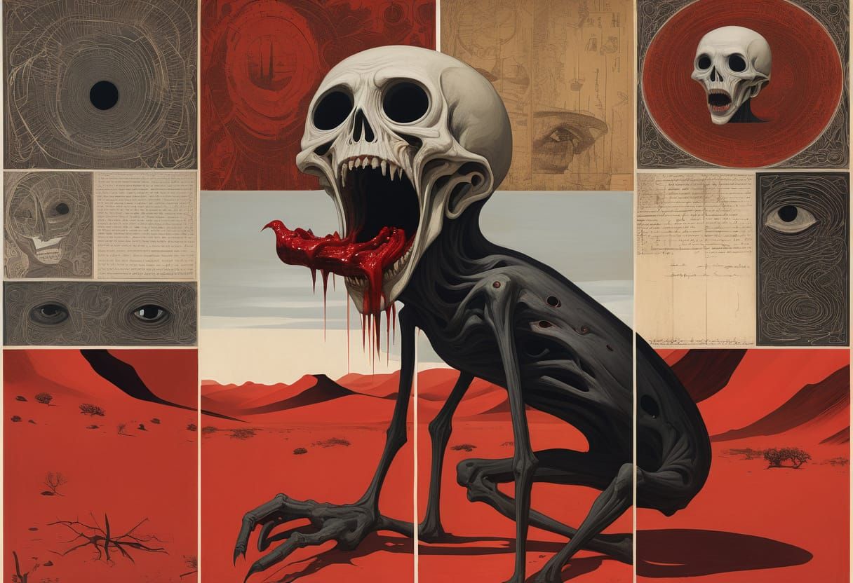 Horrific Vampire Feasting in Red Desert, Double Exposure Mix...