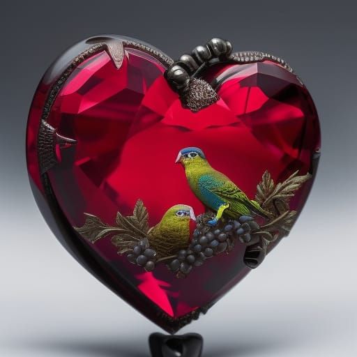 Fantasy Heart-Shaped Ruby and Budgerigar in 8k