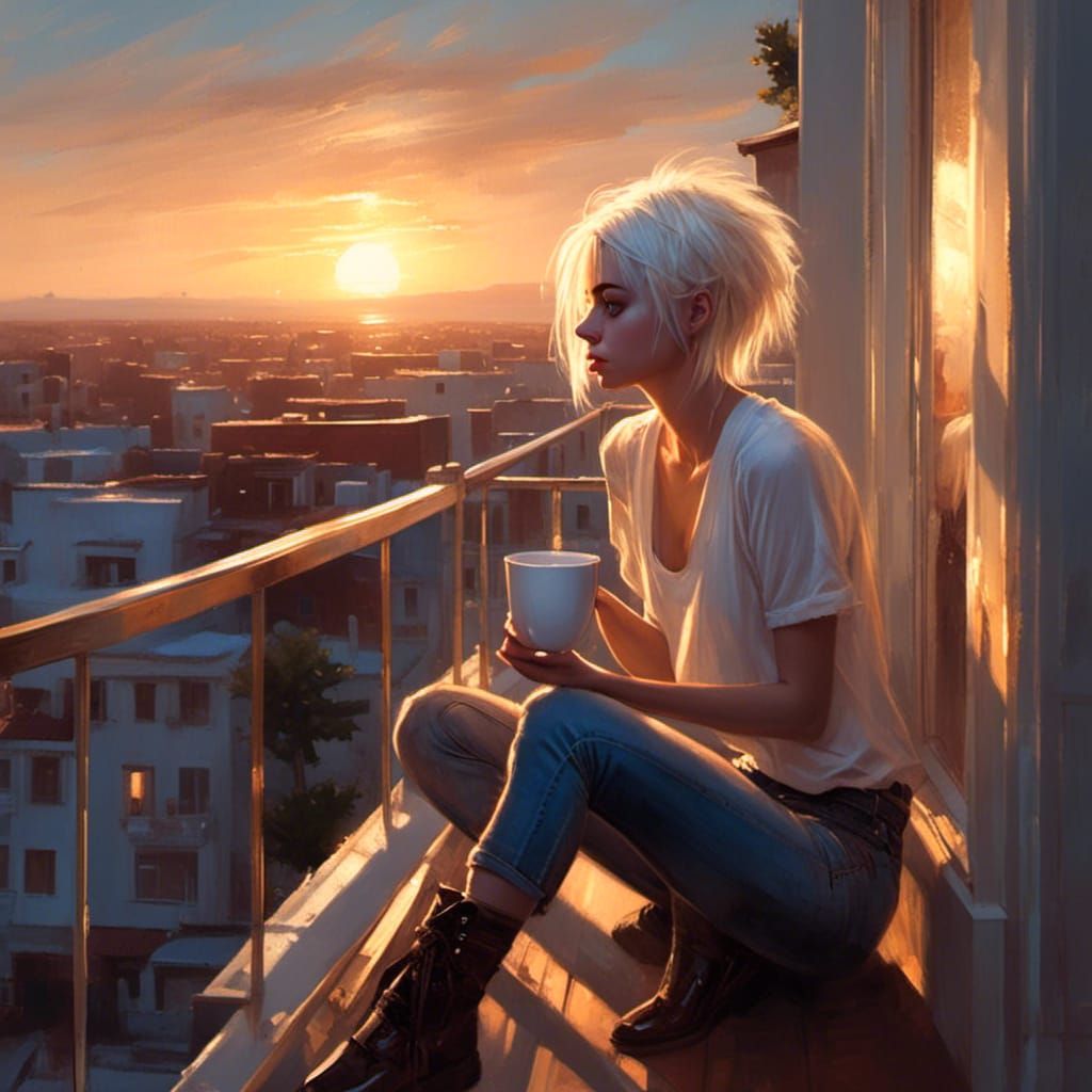 Contemplative Trans Girl at Sunset, Ethereal Digital Art