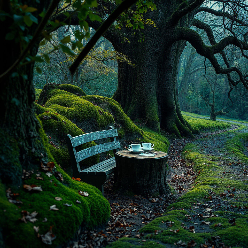 Hyperrealistic Mossy Pathway with Tea Set
