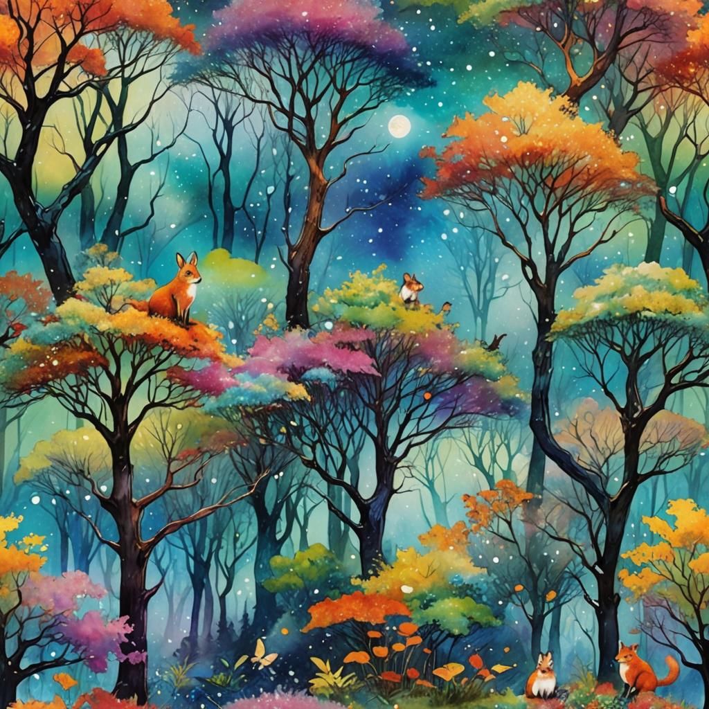 Enchanted Forest with Diamond Sky, Impasto Style