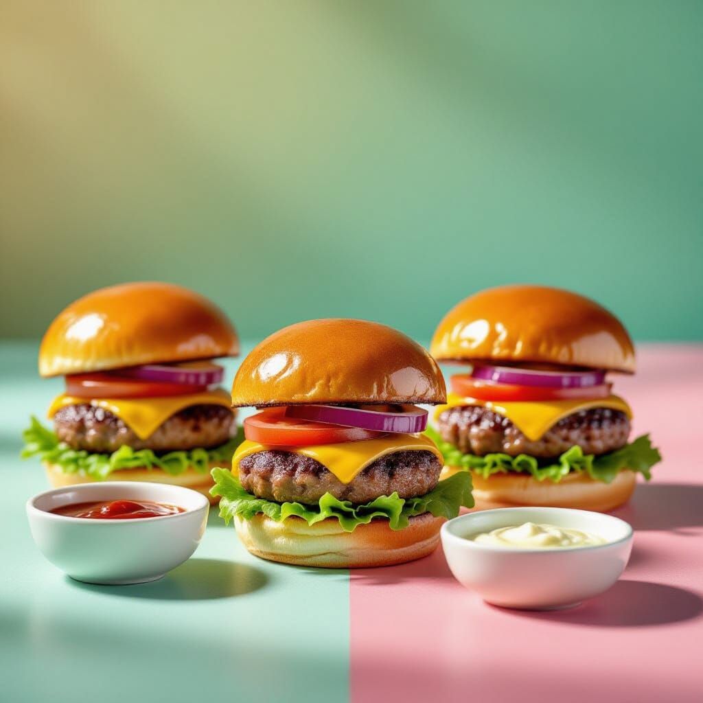 Gourmet Mini Burgers Flat Lay with Sauces