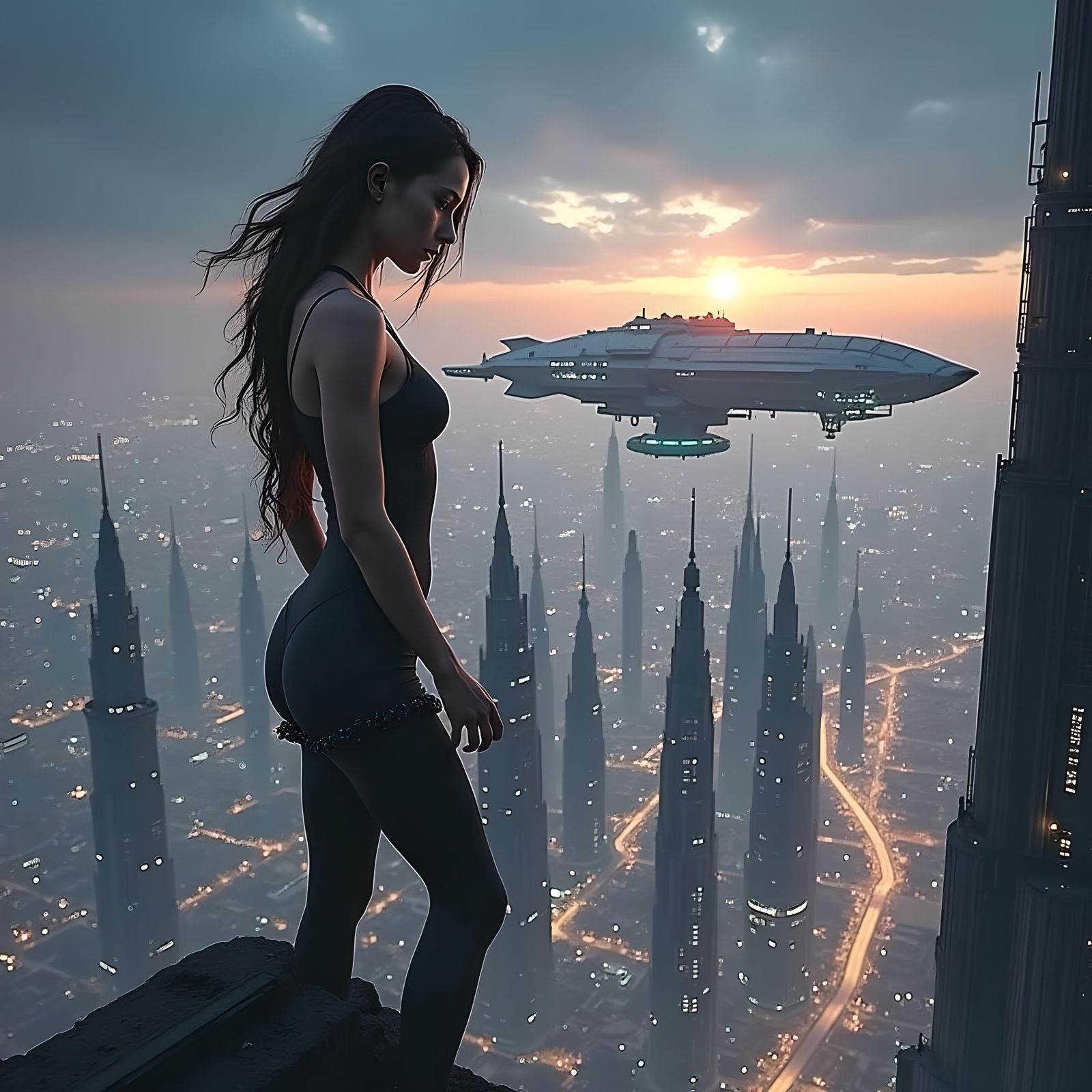 Cyberpunk Cityscape with Spaceship, Dark Fantasy Concept Art
