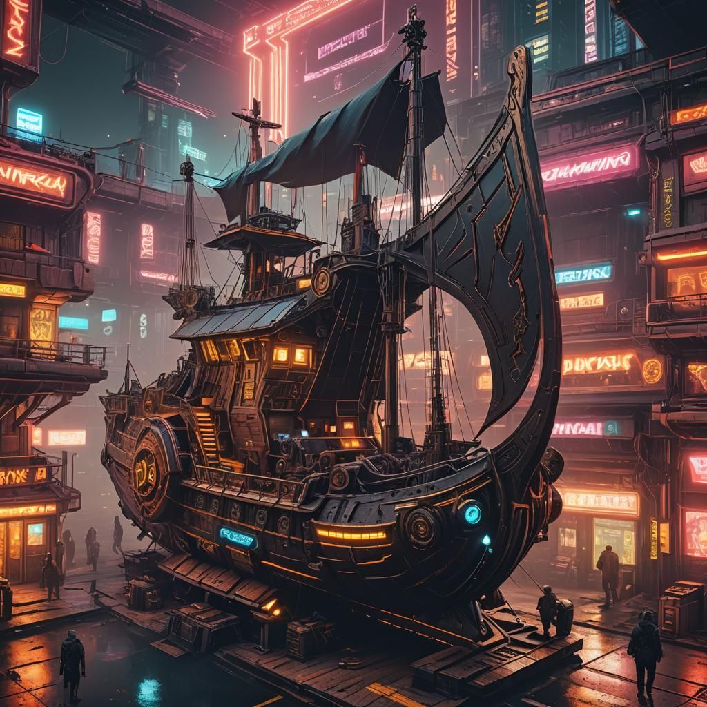 Cyberpunk Steampunk Viking Ship of the Future