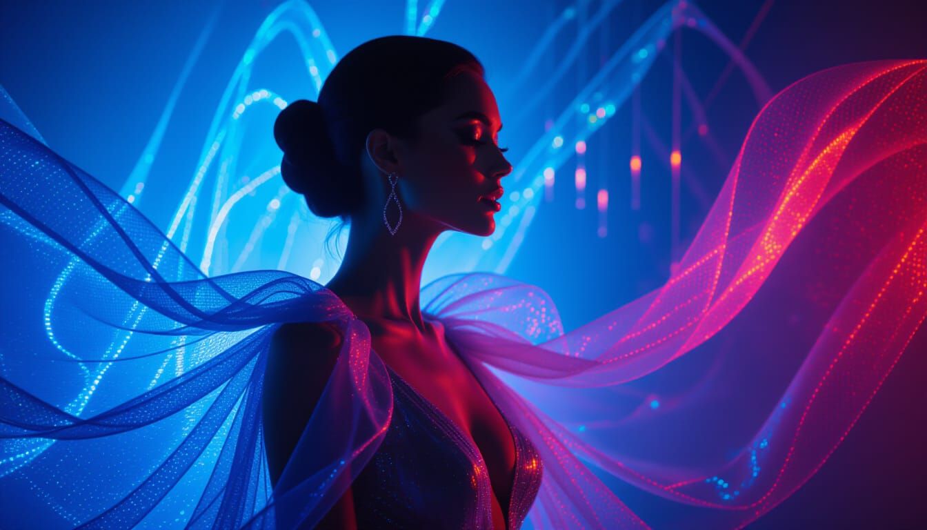Surreal Fashion Portrait: Luminous Silhouette in Neon Glass