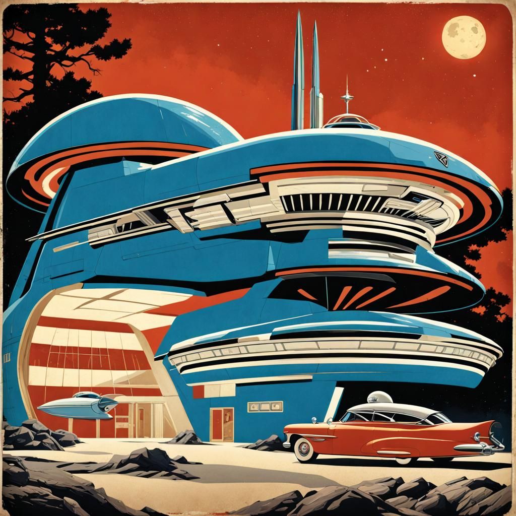 Retro Futuristic Spaceship Cafeteria with Star View