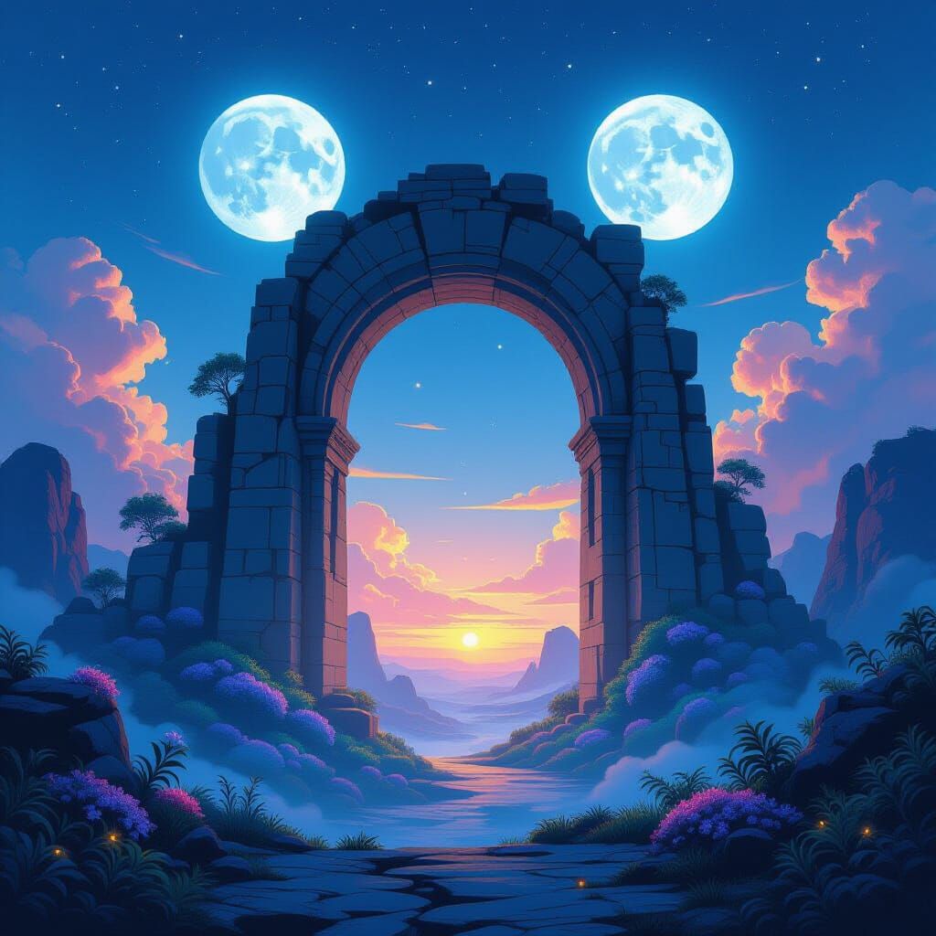 Monumental Stone Archway Between Alien Worlds