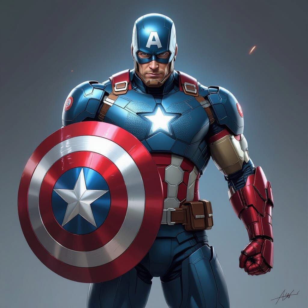 Fused Captain America Iron Man Hero in Biomechanical Suit