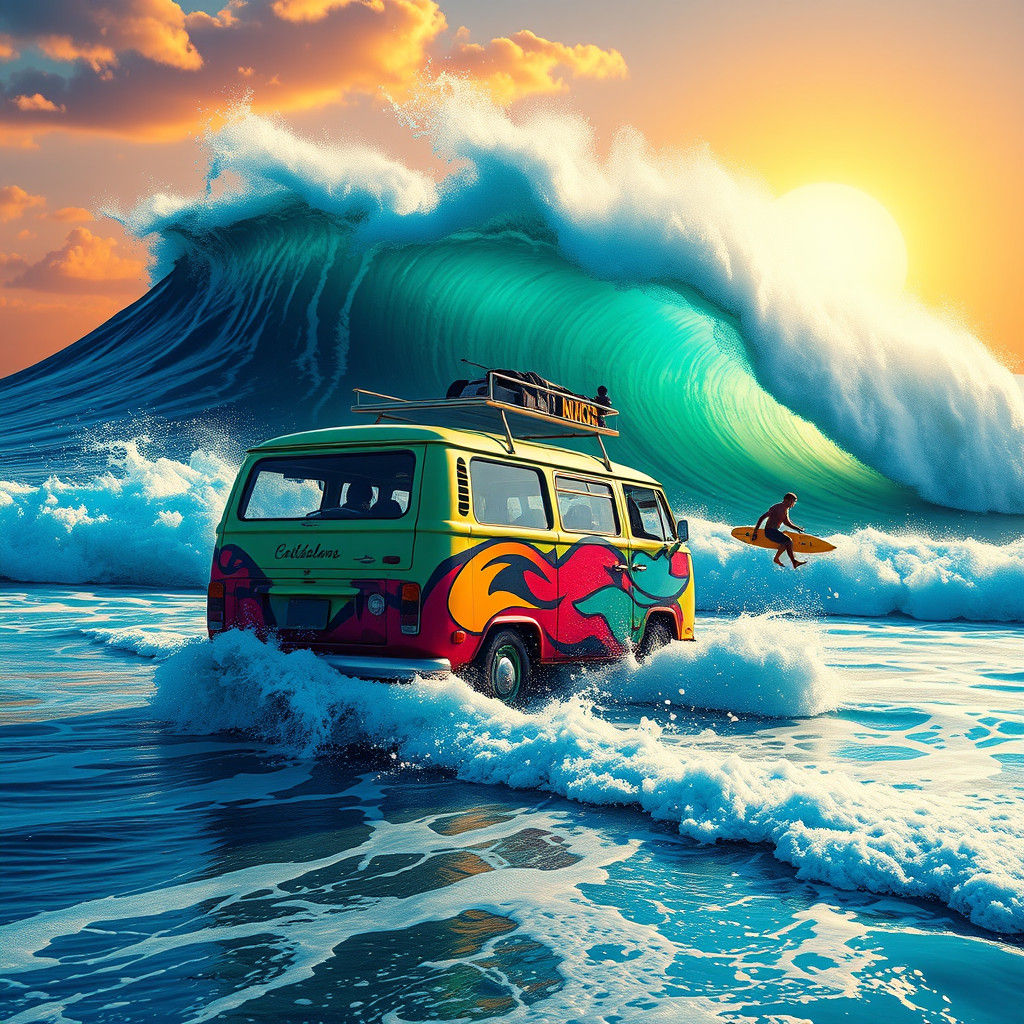 Surfers Catching Waves in Hyperrealistic Ocean Scene