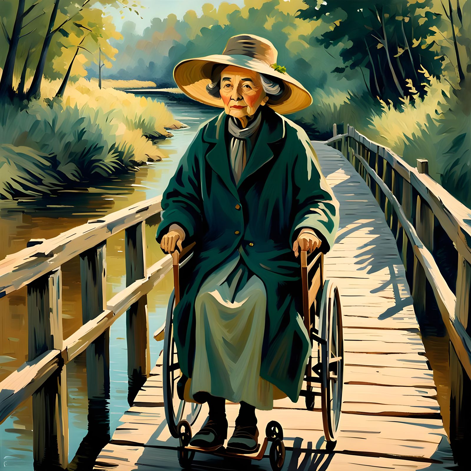 Elderly Woman in Wheelchair on Wooden Bridge