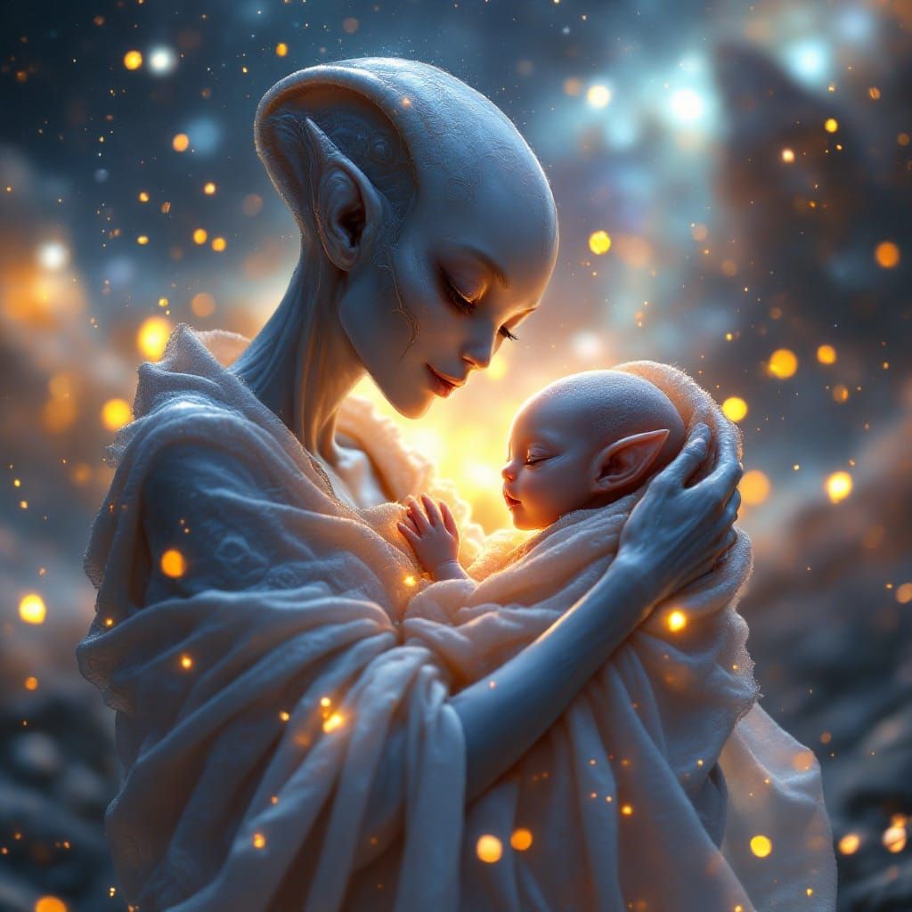 Ethereal Alien Motherhood in Cosmic Tapestry