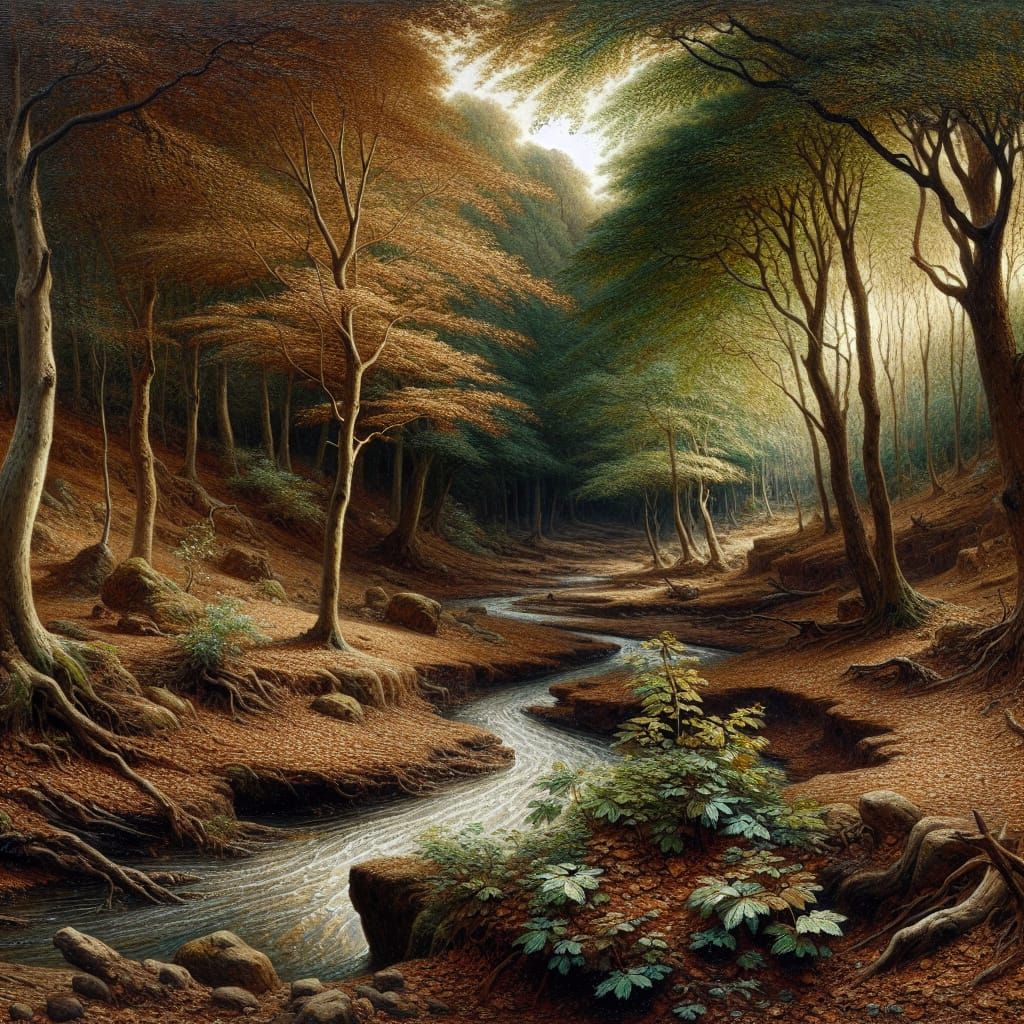 Whimsical Woodland Scene in Oil Painting Style