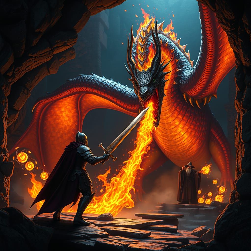 Knight vs Dragon in a Dark Fantasy Dungeon