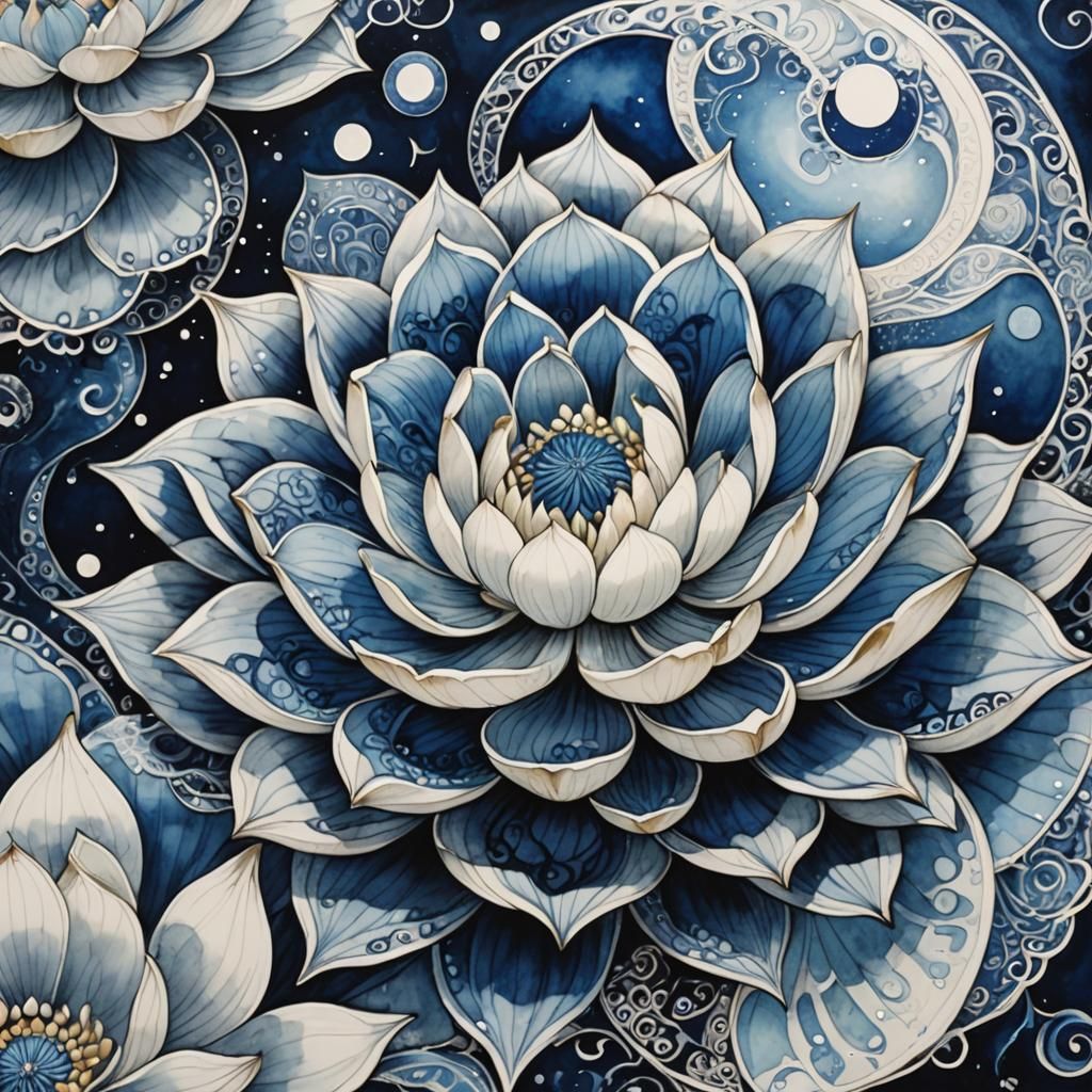 Glowing Yin Yang Lotus in Ink Wash Style
