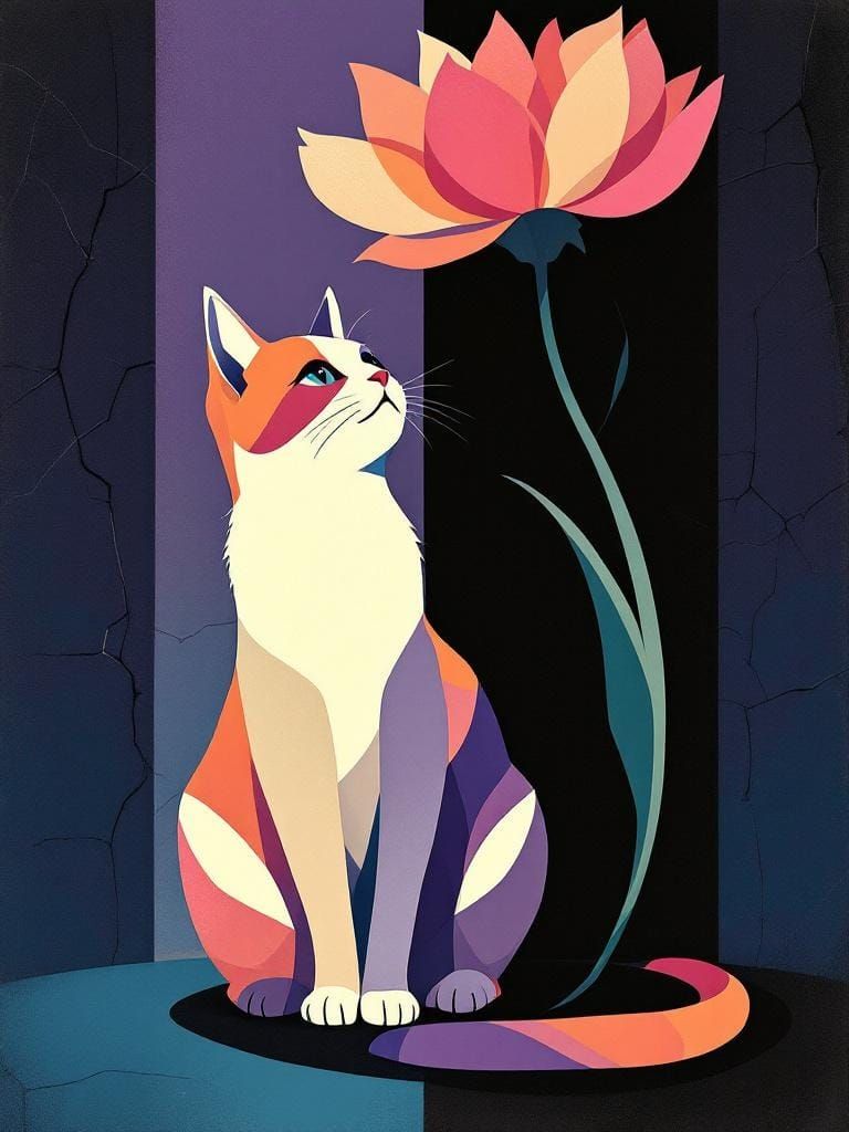 Cat Under Flower in Vintage Poster Art Style