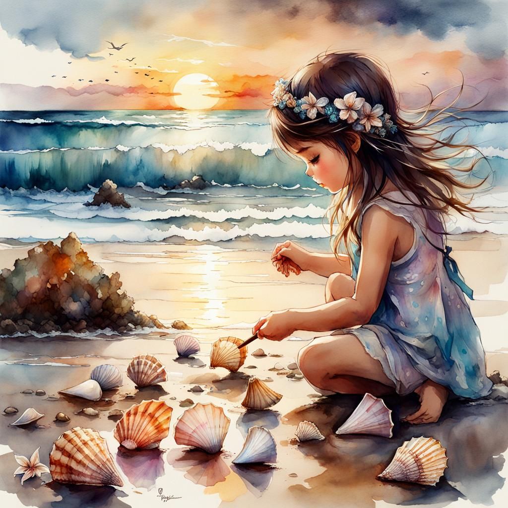 Cute Chibi Girl at Stormy Sunset Beach as Watercolor
