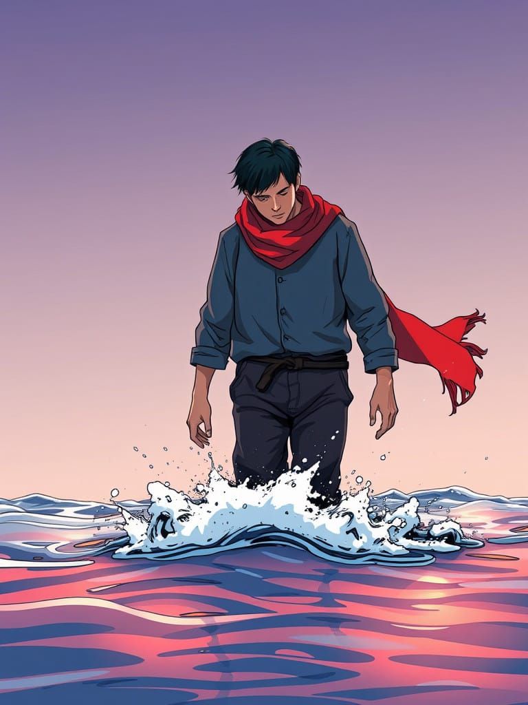 Hero Emerging from the Depths in a Vibrant Akira-Inspired Co...