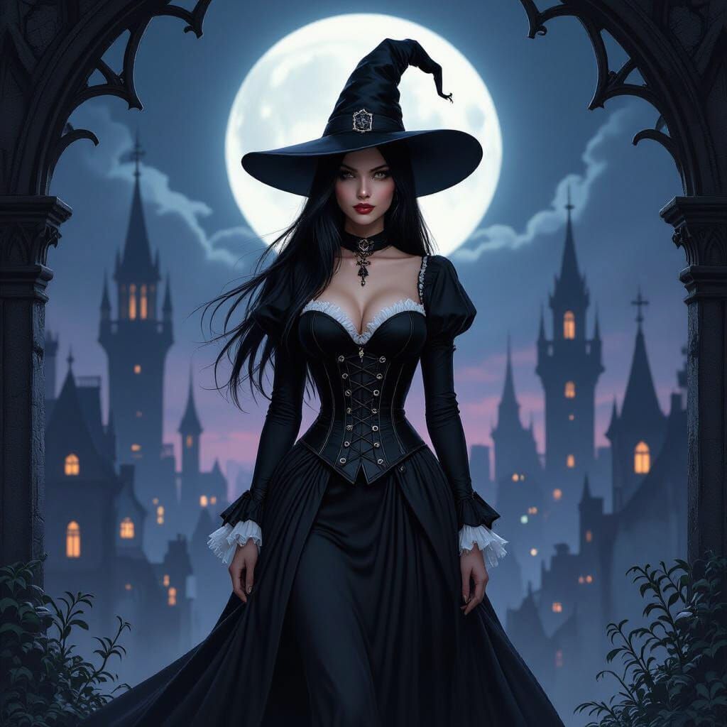 Gothic Witch in Twilight Cityscape Illustration