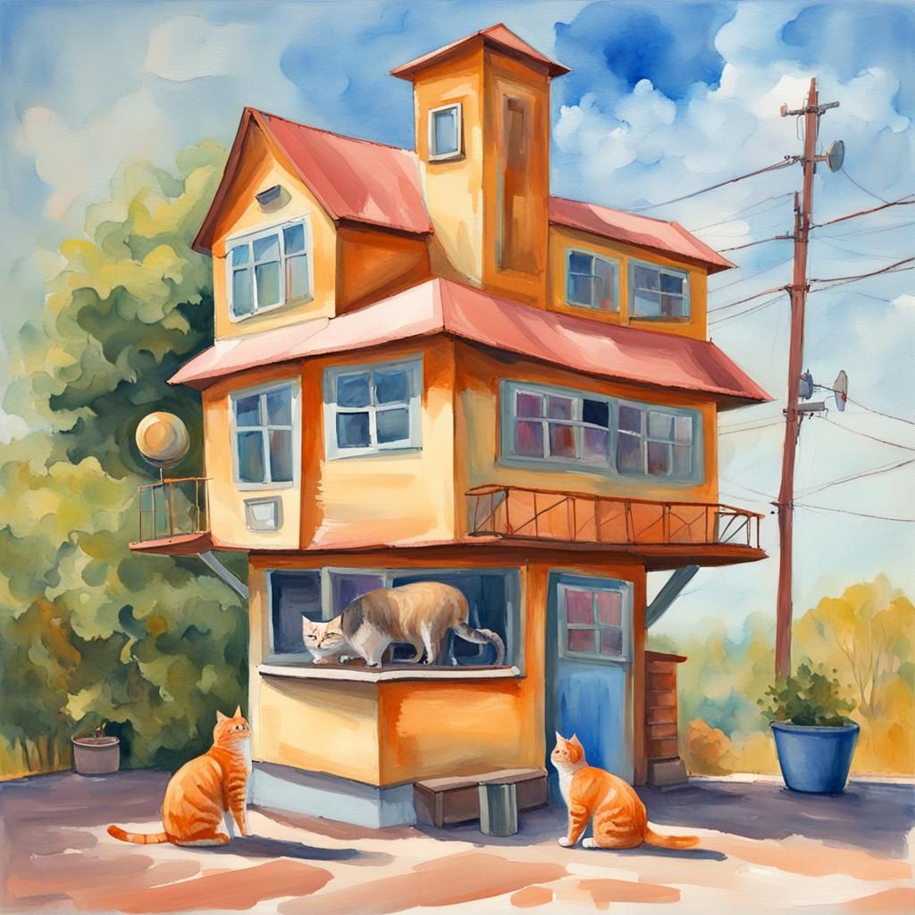 Cat Robot Coffee Summer House in Gouache Style