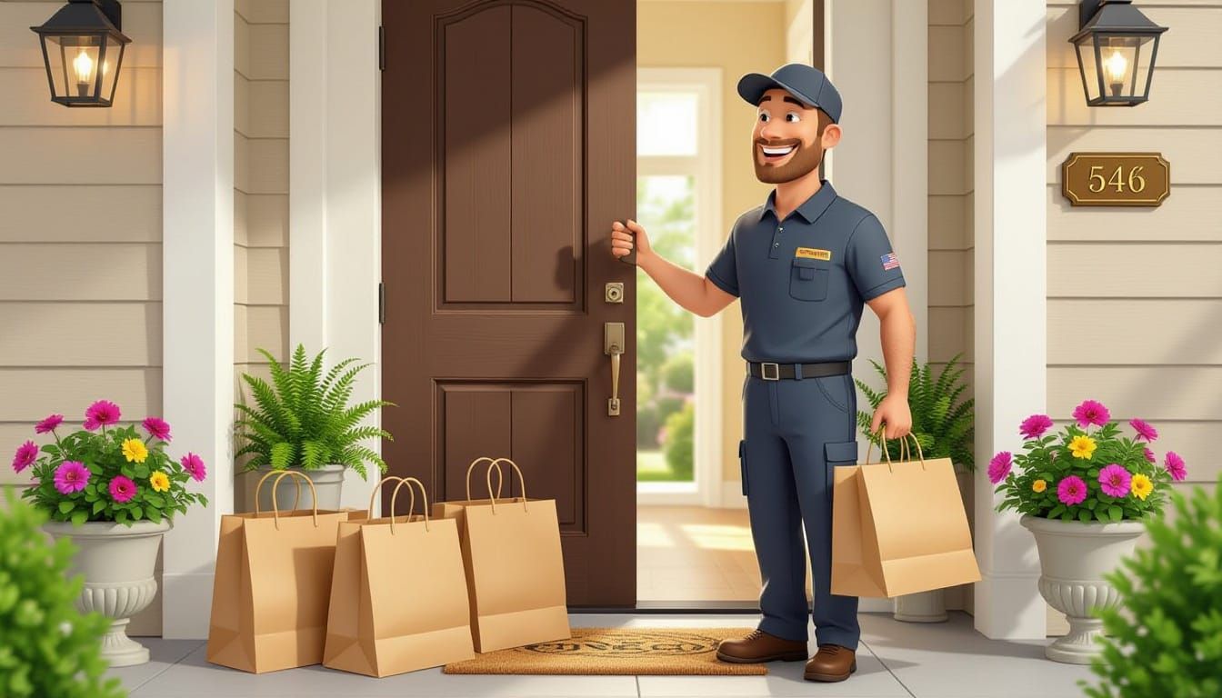 Cheerful Delivery Person Rings Doorbell in Semi-Realistic St...