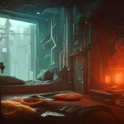 Cyberpunk Bedroom Overlooking City Ruins