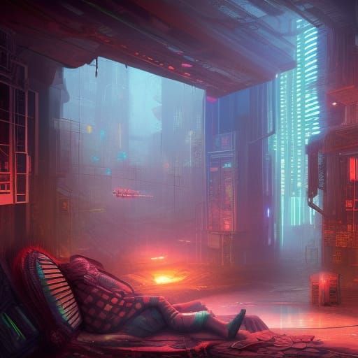 Cozy Cyberpunk Bedroom Overlooking Jungle Ruins