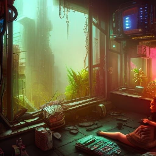 Cozy Cyberpunk Bedroom Overlooking City Ruins
