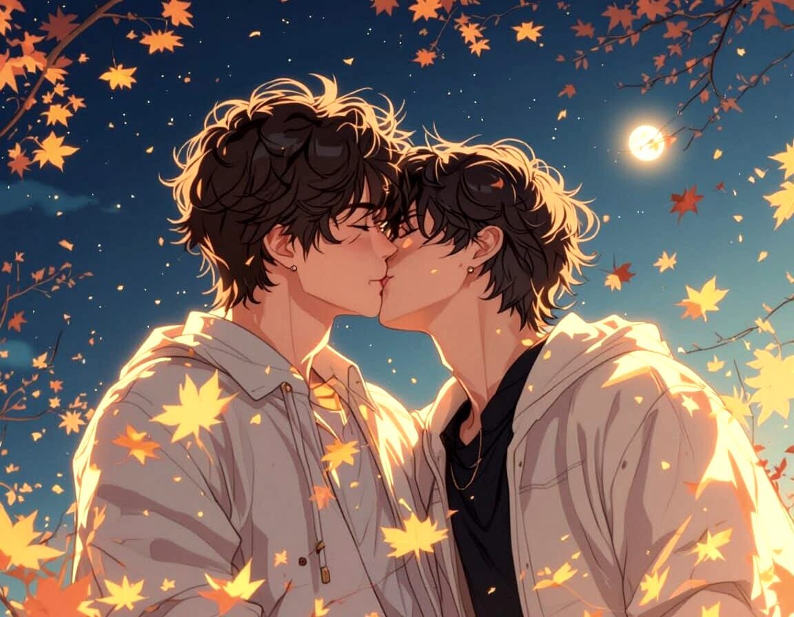 Gay Couple Kissing Under Moonlit Fall Evening in Junjou Roma...